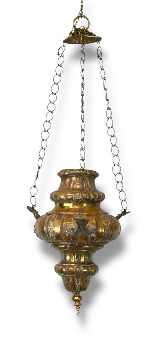 Pair Of Votive Lamps In Embossed And Gilded Metal - 18th Century Italy-photo-3